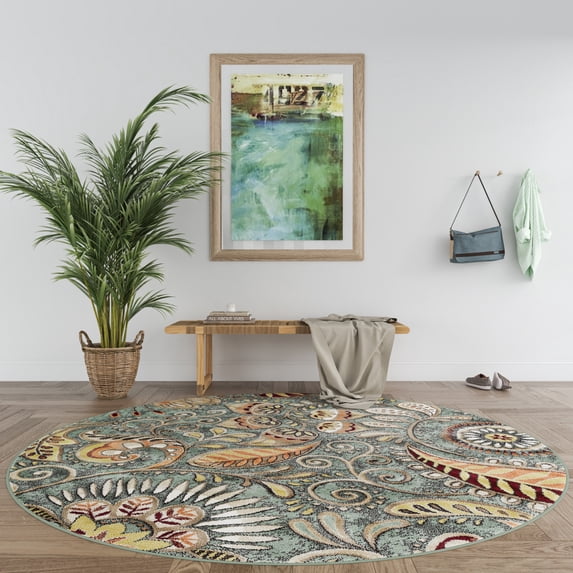 Capri Transitional 5' Round Seafoam and Beige Polypropylene Indoor Area Rug