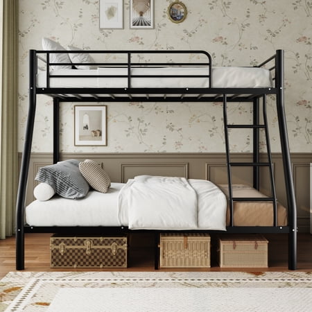 Capri Twin over Full Size Metal Bunk Bed for Teens Adult with 12" Under-Bed Storage & Ladder & Full-Length Guardrail, Space-Saving, Heavy-duty, Black
