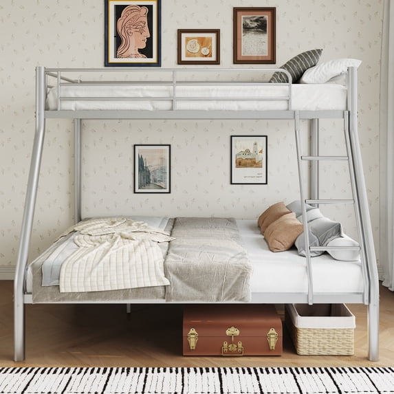 Capri Twin over Full Size Metal Bunk Bed for Teens Adult with 12" Under-Bed Storage & Ladder & Full-Length Guardrail, Space-Saving, Heavy-duty, Silver