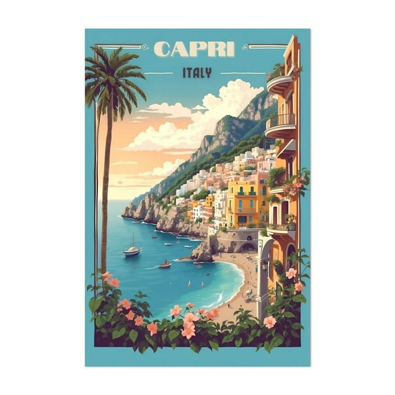 Capri Vintage Retro Poster: Timeless Charm and Mediterranean Beauty - Capri Campania Italy Illustration Unframed Wall Art Print 16 x 24 inches