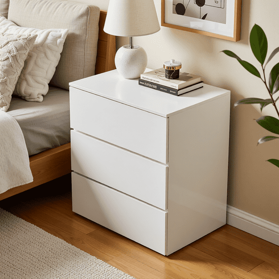 Capri White 3 Drawer Dresser, Modern Nightstand, Storage Wide Chest of Drawer, Wooden Storage Cabinet Bedside for Adults, Bedroom Living Room Furniture