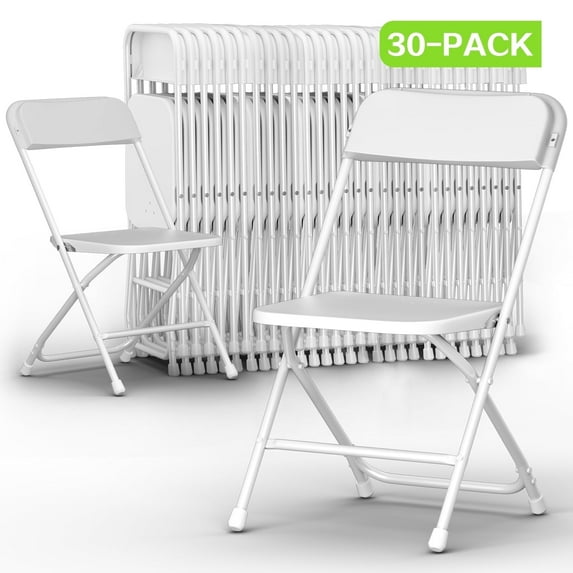 Capri White Plastic Folding Chair 30 Pack with Steel Frame, Hold up to 350 lbs, Indoor Outdoor Portable Stackable Event Chair Commercial Seat for Dining Wedding Party Office Picnic Kitchen