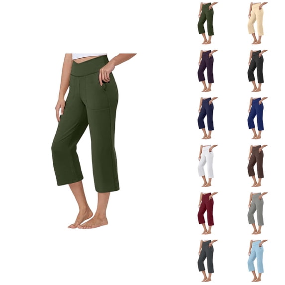 Capri Work Pants for Women Elastic High Waist Relaxed Fit Flared Workout Yoga Pants Capris with Pockets