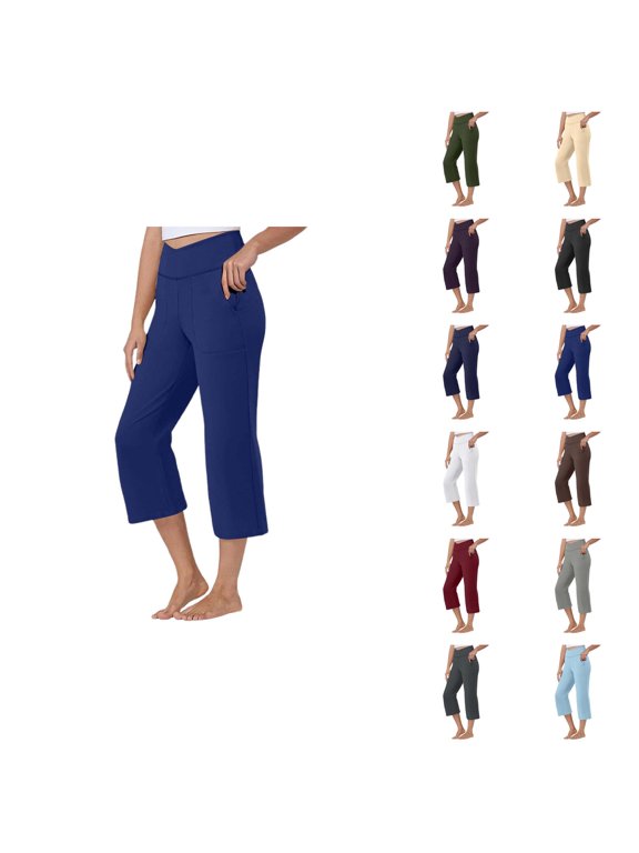 Capri Work Pants for Women Elastic High Waist Relaxed Fit Flared Workout Yoga Pants Capris with Pockets