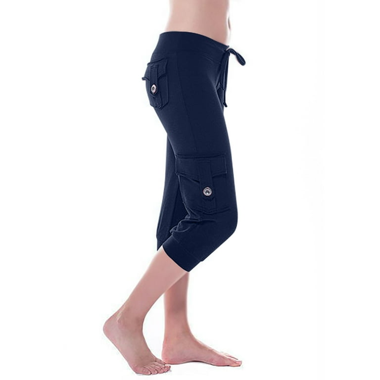 Capri Yoga Pants for Women Plus Size Workout Joggers Cargo Capris  Drawstring Waist Bikers Slacks with Multi Pockets (Small, Blue)