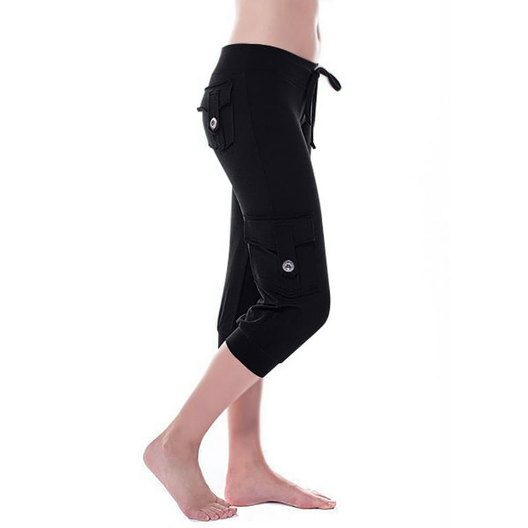Capri Yoga Pants for Women Plus Size Workout Joggers Cargo Capris  Drawstring Waist Bikers Slacks with Multi Pockets (X-Small, Black)