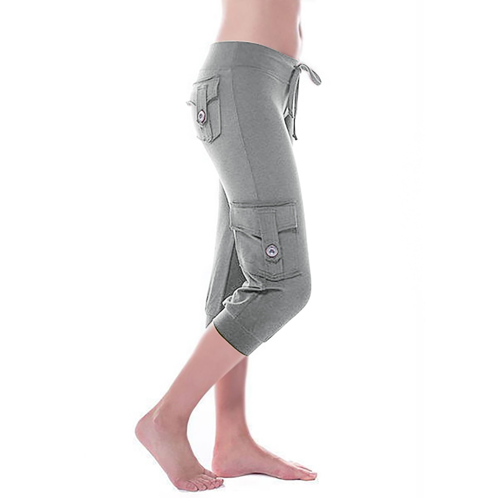 Capri Yoga Pants for Women Plus Size Workout Joggers Cargo Capris  Drawstring Waist Bikers Slacks with Multi Pockets (X-Small, Gray)