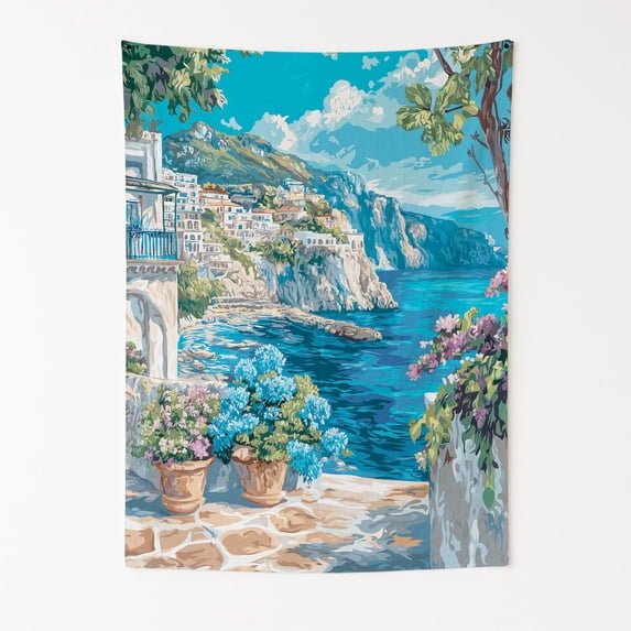 Capri’s Azure Charm Wall Tapestry for Bedroom by DC | Italian-Inspired Tapestry Wall Hanging & Aesthetic Decor for Dorm, Living Room, Picnic & Home | 39"x52"
