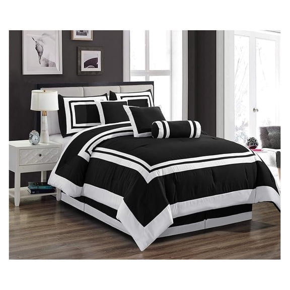 Caprice 7-Piece Hotel Style Comforter Set - Black/White Square Pattern Modern Color Block Bedding with Decorative Pillows - Luxurious Lightweight All Season Bed Set, Queen