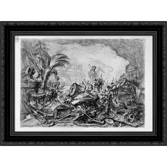 Caprice decorative figures in the center around a small Eramo faun, a triumphal arch at the bottom of the light etching 24x20 Black Ornate Wood Framed Canvas Art by Piranesi, Giovanni Battista