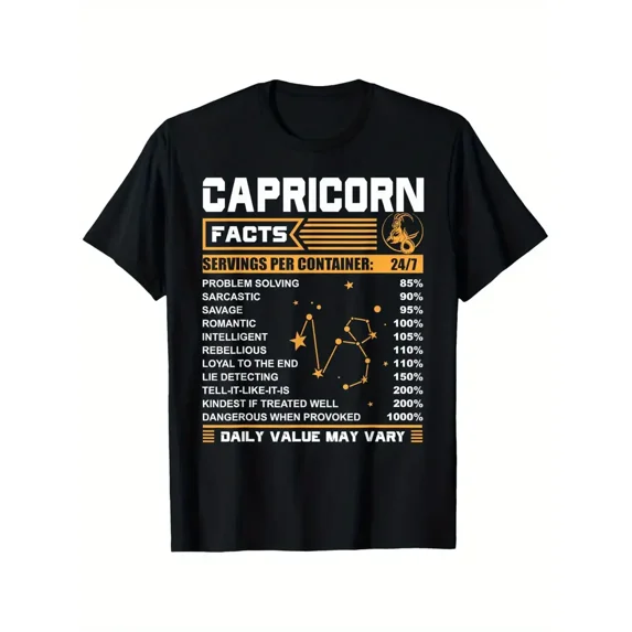Capricorn Facts Zodiac T-Shirt Funny Capricorn Birthday Gift T-Shirt Zodiac T-shirt 100% Pure Cotton Gift For Men Women Dad Mom and Friends Large Sizes Are 1XL-5XL Black 180g