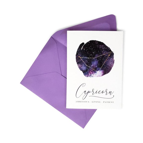 Capricorn Greeting Card - Celestial Zodiac Design with Inspirational Traits - Includes Purple Envelope - Perfect for Birthdays, Encouragement, or Astrology Lovers