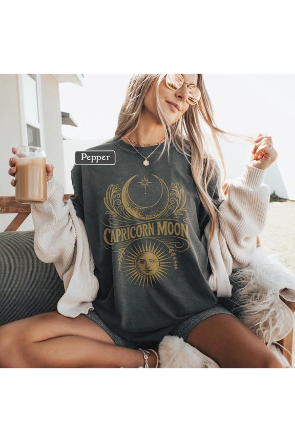 Capricorn Moon Celestial Astrology Vintage Graphic Tee Zodiac Sign Sun And Crescent Moon Cosmic Mystic Starry Sky Shirt Comfort Colors Unisex Cotton T-Shirt, Sizes S-3XL