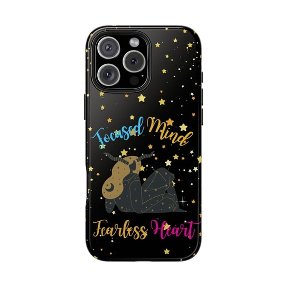 Capricorn Tough Phone Case Focused Mind, Fearless Heart. Black & Gold Zodiac Design - iPhone 17 Pro