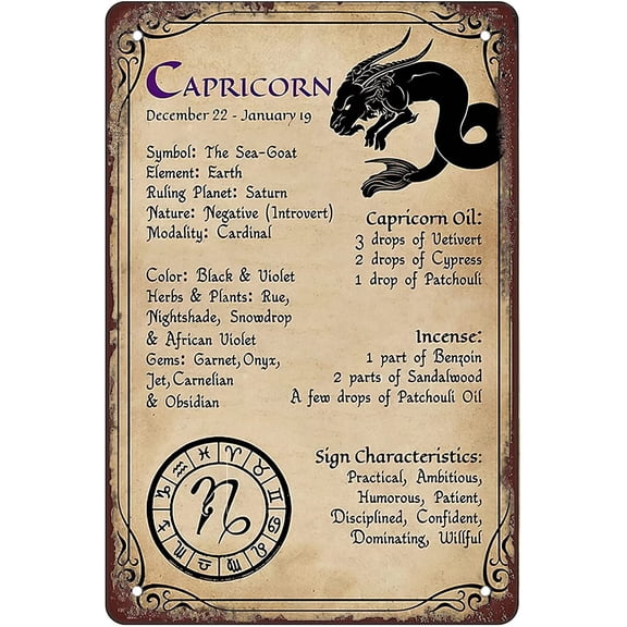 Capricorn, Twelve Constellations Knowledge Funny Bar Wall Decor Home Decor Retro Sign Tin Sign 12 X 8 Inches