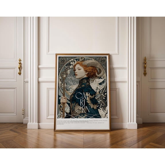 Capricorn Wall Art, Zodiac Astrology Poster, Alphonse Mucha Style Illustration, 8x12 UNFRAMED