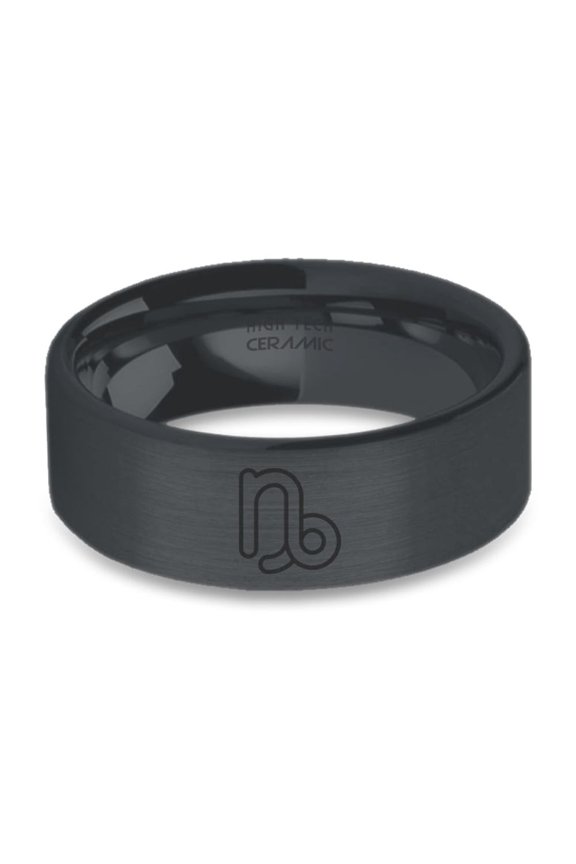 Capricorn Water Goat Engraved Black on Black Brushed Ceramic Ring, 8mm, Size 14