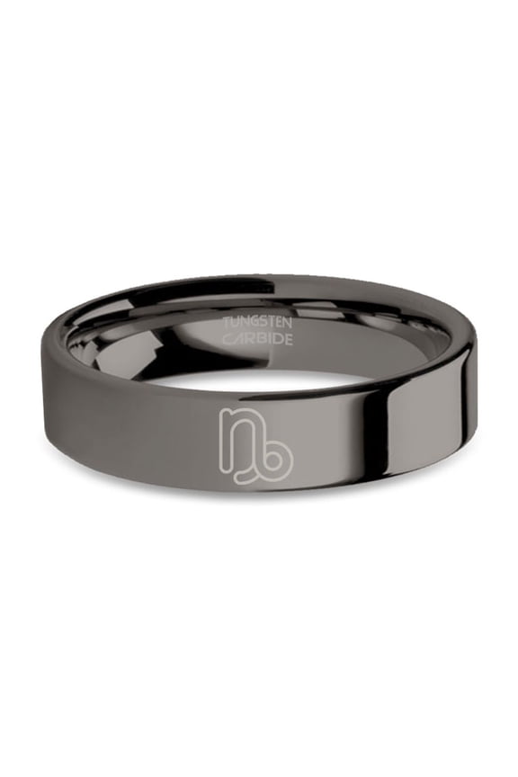 Capricorn Water Goat Zodiac Sign Polished Gunmetal Tungsten Ring, 6mm, Size 12.5