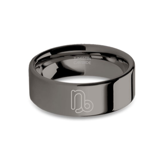 Capricorn Water Goat Zodiac Sign Polished Gunmetal Tungsten Ring, 8mm, Size 13