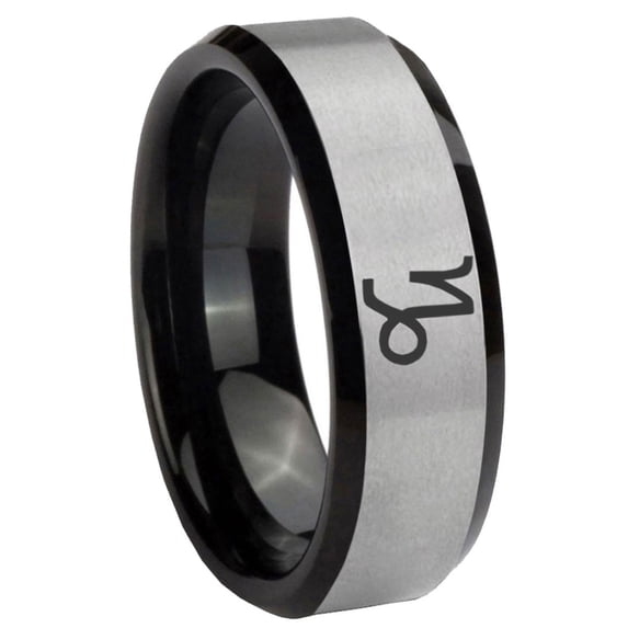 Capricorn Zodiac Beveled Edge Gray And Black Tungsten Men Ring 10MM