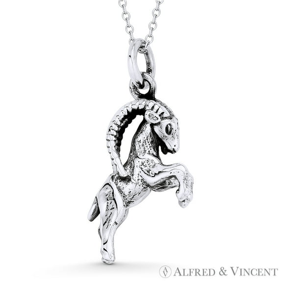 Capricorn Zodiac Sign Astrology 31.5x13mm (1.55x0.5in) Pendant & Cable Chain Necklace in Oxidized .925 Sterling Silver