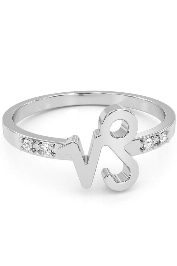 Capricorn Zodiac Sign Diamond Ring In Solid 14k White Gold