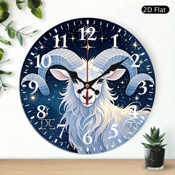Capricorn Zodiac Sign Round Wall Clock, Decorative Astrology Starry Night Goat Pattern, 10x10 Inch, 1pc, Battery Not Included