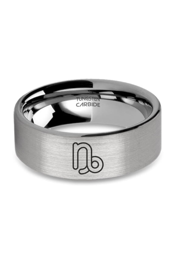 Capricorn Zodiac Water Goat Symbol Silver Tungsten Ring, Brushed, 8mm, Size 11