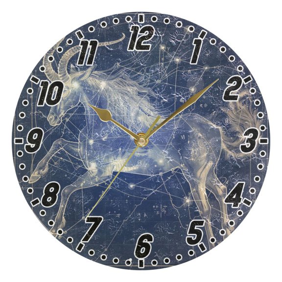 Capricornus Of Zodiac Round Wall Clock Battery Operated Silent Non-Ticking Bedroom Office Kitchen Home School Decor 10"(Gold)