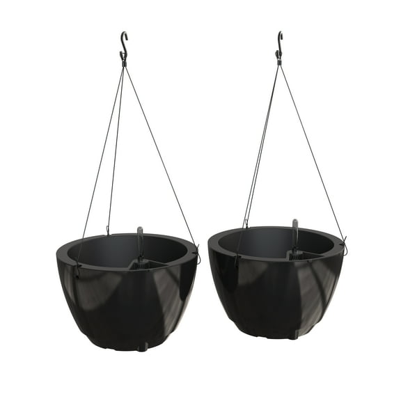 Mayne Caprio 14" x 9" Round Black Hanging Self-Watering Plastic Hanging Planter, 2-Pack