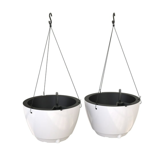 Mayne Caprio 14" x 9" Round White Hanging Self-Watering Plastic Hanging Planter, 2-Pack