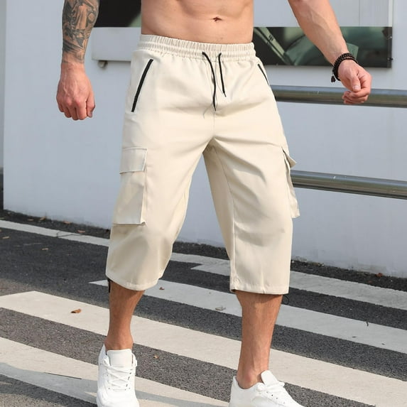 Capris Cargo Pants for Men with Pockets and Drawstring Elastic Waist Trousers Mens Casual Solid Color Straight Wide Leg Hiking Work Cropped Pant
