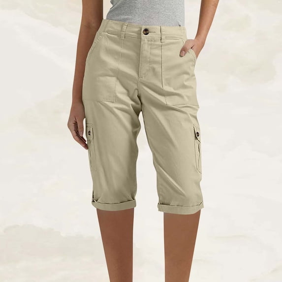 Capris Cargo Pants for Women, Knee Length Hiking Capris High Waist Straight Leg Button Cropped Pants with Pockets
