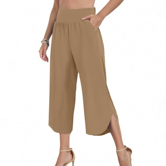 Capris For Women Sevevn Women's Summer Solid Color Casual High Waisted Side Pockets Wide Leg Split Hem Cropped Pants
