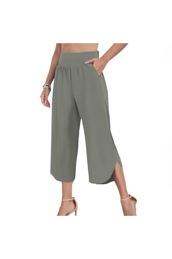 Capris For Women Sevevn Women's Summer Solid Color Casual High Waisted Side Pockets Wide Leg Split Hem Cropped Pants