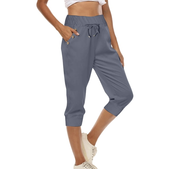 Capris For Women With Pockets Casual Tight High Waisted Drawstring Button Cropped Athletic Leggings Medium Gray S-5XL