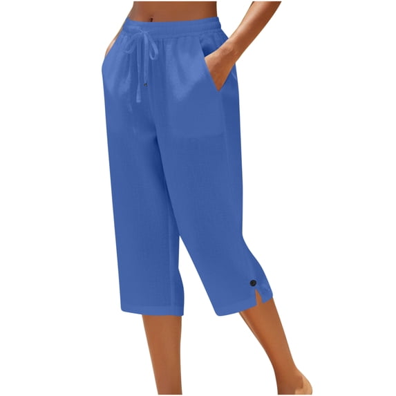 Capris For Women With Pockets Cotton Loose Fit Straight Leg Drawstring Elastic Waist Cropped Pant Casual Summer Linen Clothes Royal Blue 2XL