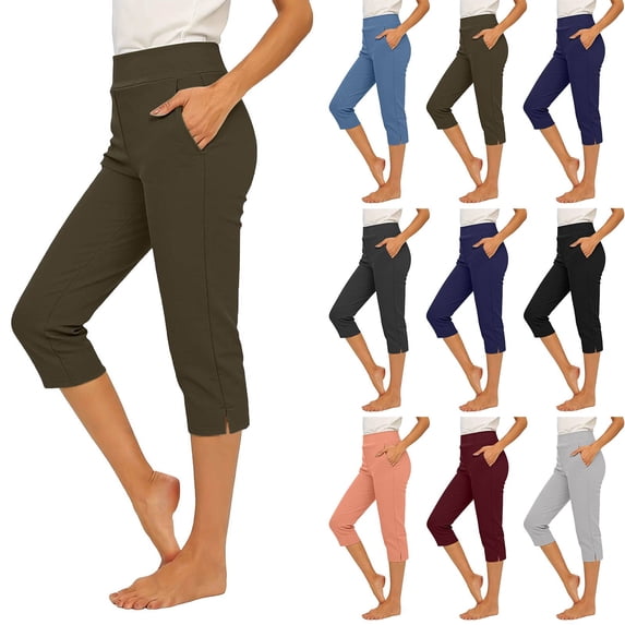 Capris For Women With Pockets Golf Pants 7/8 High Waisted Stretch Pull On Ankle Business Casual Travel Athletic Work Army Green 2XL