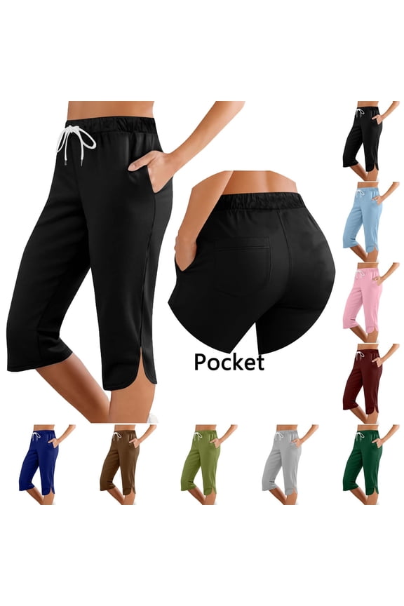 Capris For Women with Pockets Drawstring High Waisted Trousers Split Side Hem Cropped Pants Lightweight Summer Lounge Capri
