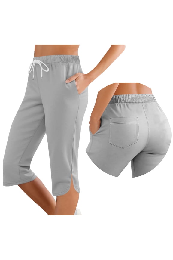Capris For Women with Pockets Drawstring High Waisted Trousers Split Side Hem Cropped Pants Lightweight Summer Lounge Capri