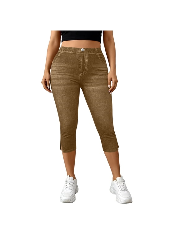 Capris Jeans for Women High Waisted Trendy Pull On Elastic Waist Split Hem Skinny Stretchy Denim Capri Pants with Pockets