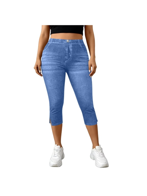 Capris Jeans for Women High Waisted Trendy Pull On Elastic Waist Split Hem Skinny Stretchy Denim Capri Pants with Pockets