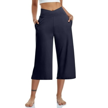 Capris Joggers Womens Cropped Flare Pant Leg Cut Juniors Size Polyester Ladies Cropped Pants Capris Pants Style C-141 Navy M