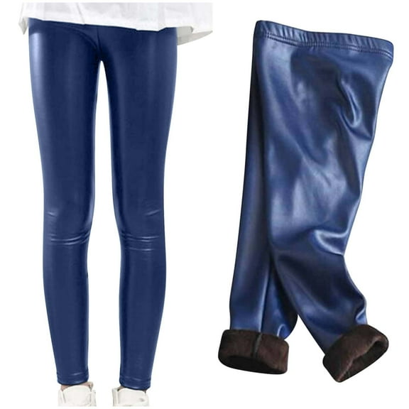 Capris Leggings Kids Faux Leather Leggings Boys Girls Stretch Winter Warm Fleece Lined Legging Tights Casual Pants Blue 4-5Y