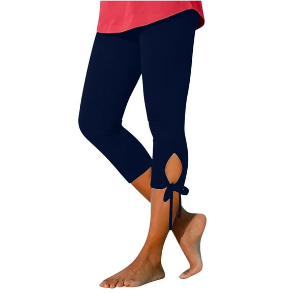 Capri Leggings for Women Summer High Waisted Stretch Tie Cutout Yoga Beach Cropped Pants Slim Fit (S, Navy 03)