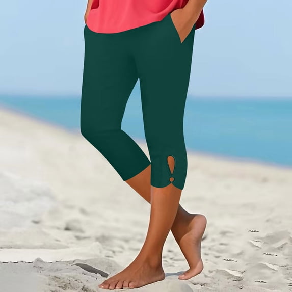 Capris Leggings for Women Summer Stretch Plus Size High Waisted Soft Breathable Casual Workout Slim Fitted Yoga Pants with Pockets New Green S