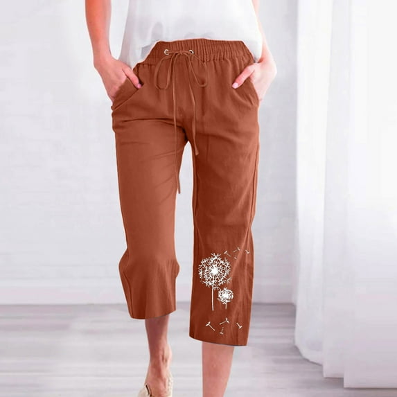 Capris Linen for Women,Women's Capri Pants Loose Soft Solid Color Drawstring Cotton Linen Causal Lounge Pants with Pockets