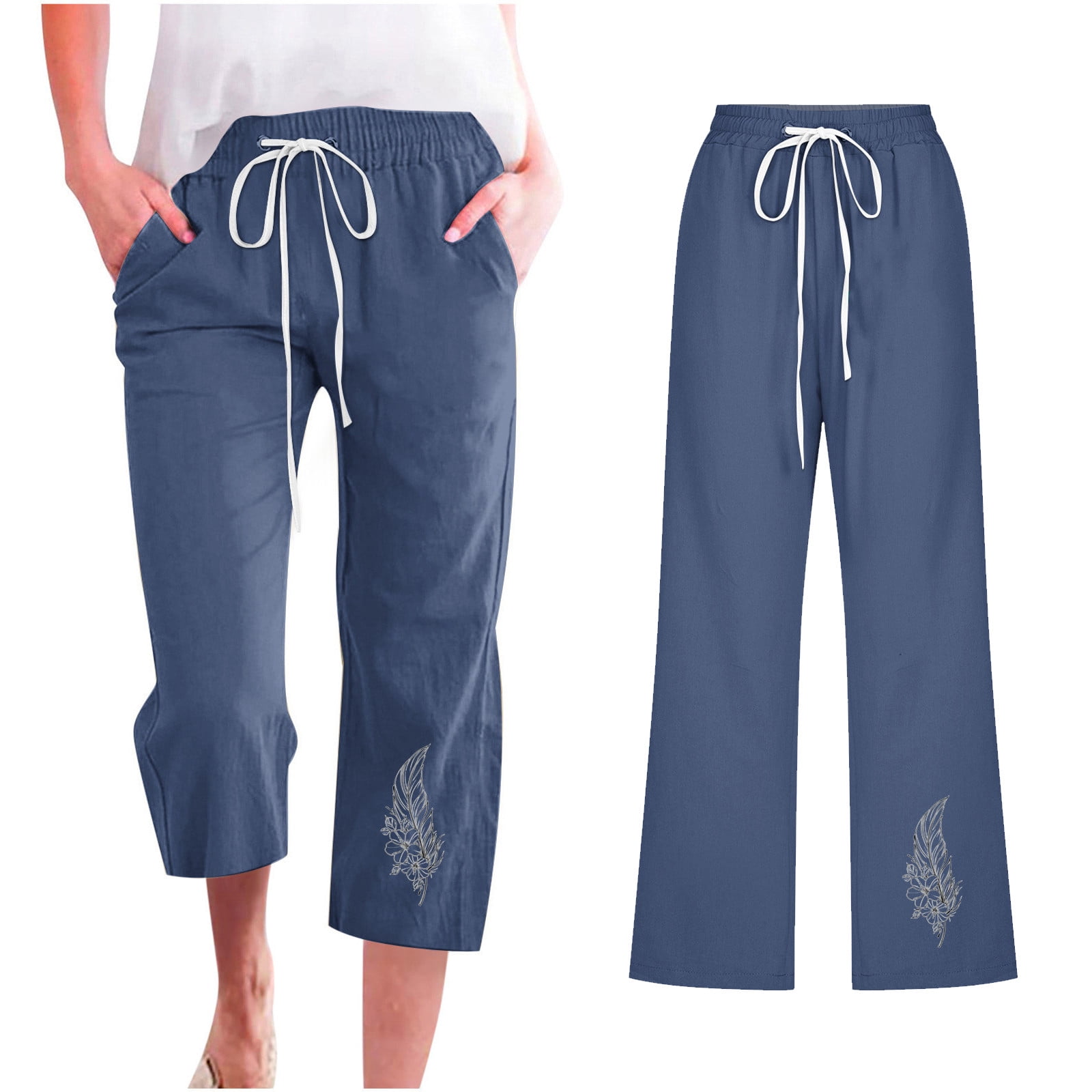 Capris Pants For Women Casual Summer Solid Color Cotton Linen 3/4 Pants ...