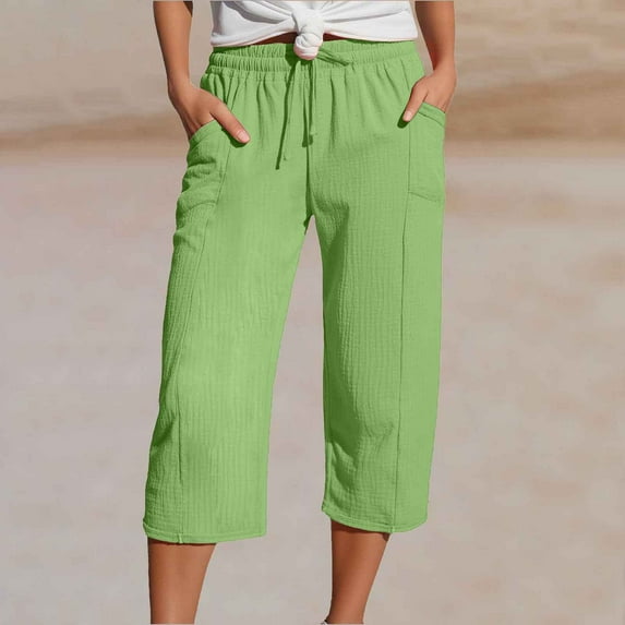 Capris Pants For Women Casual Summer Straight Wide Leg Loose Drawstring Elastic Waist Cropped Trouser Cotton Crepe Soft Green S