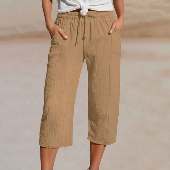 Capris Pants For Women Casual Summer Straight Wide Leg Loose Drawstring Elastic Waist Cropped Trouser Cotton Crepe Soft Khaki XXL